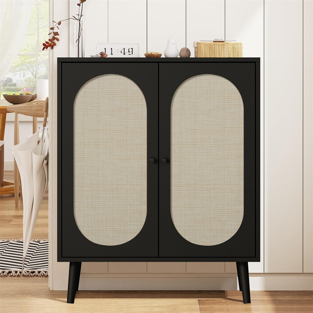 Wooden Sideboard Cabinet Black with Handmade Rattan Doors