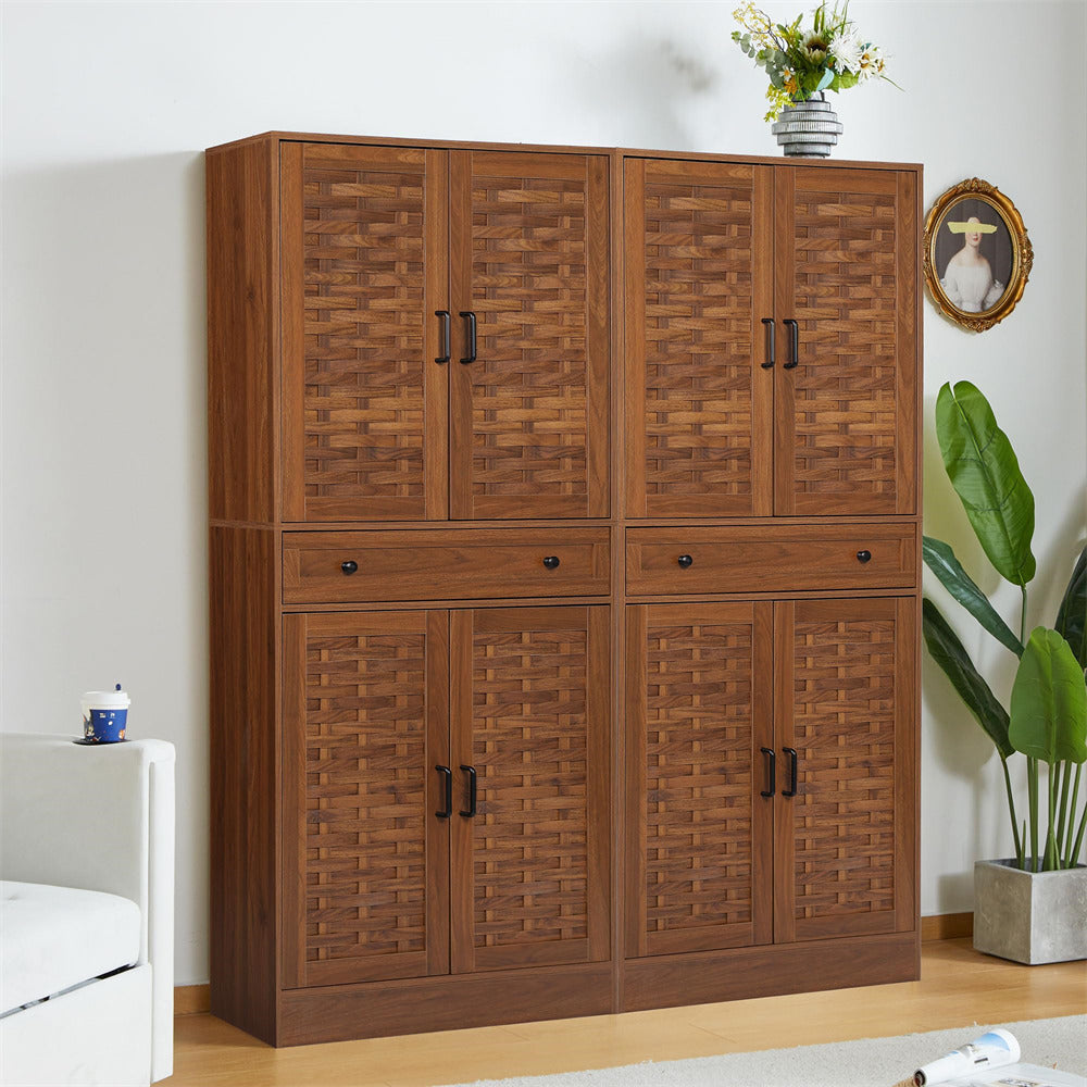 72" Kitchen Pantry Storage Cabinet Walnut with 4 Woven Doors and Adjustable Shelves