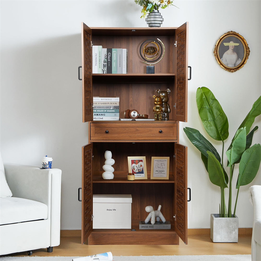 72" Kitchen Pantry Storage Cabinet Walnut with 4 Woven Doors and Adjustable Shelves