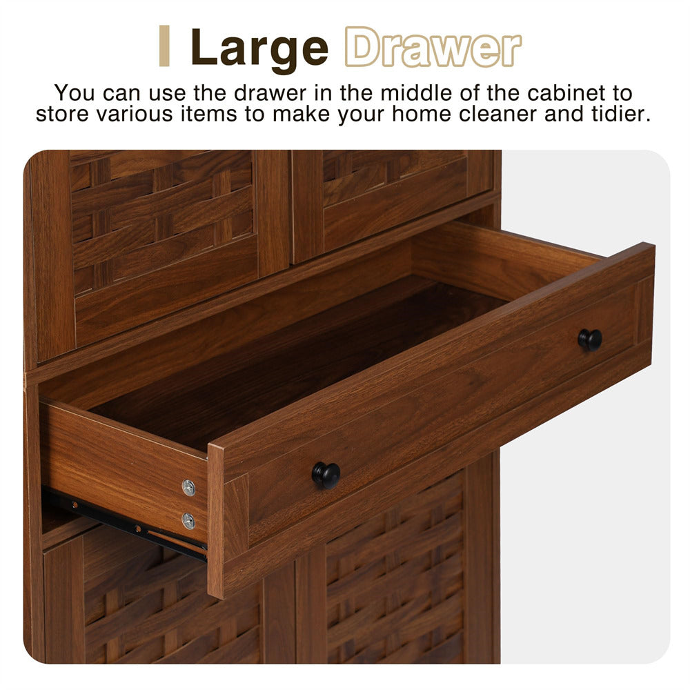 72" Kitchen Pantry Storage Cabinet Walnut with 4 Woven Doors and Adjustable Shelves