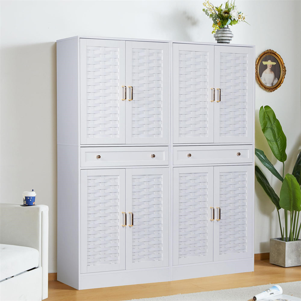 72" Kitchen Pantry Storage Cabinet White with 4 Woven Doors and Adjustable Shelves