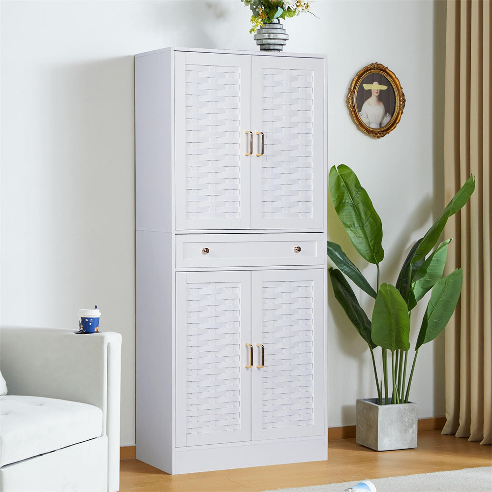 72" Kitchen Pantry Storage Cabinet White with 4 Woven Doors and Adjustable Shelves