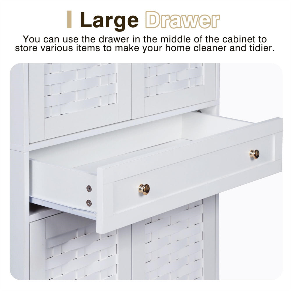 72" Kitchen Pantry Storage Cabinet White with 4 Woven Doors and Adjustable Shelves