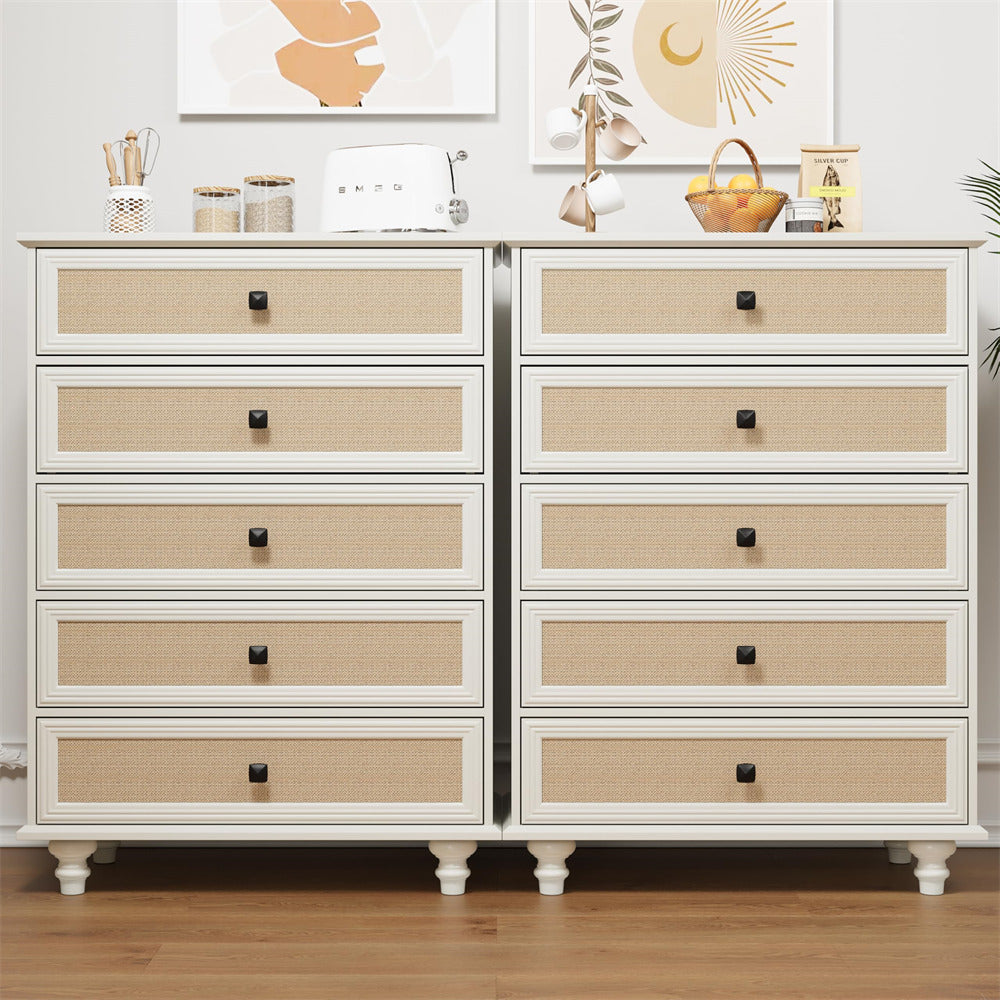 Beige White Mid Century Modern 5 Drawer Dresser Wide Wood Vintage Chest of Drawers with Burlap Rattan Drawers