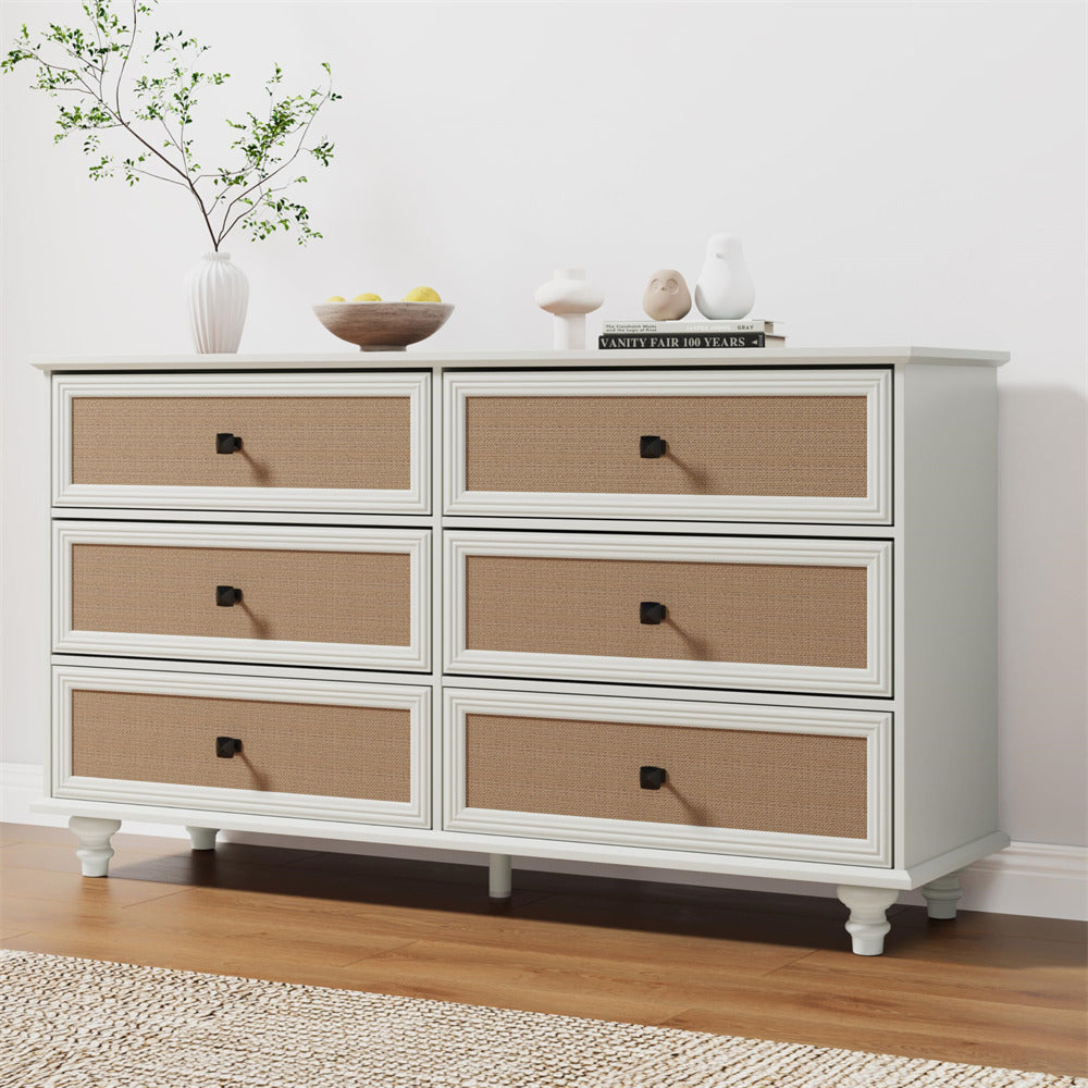 Beige White Mid Century Modern 6 Drawer Dresser Wide Wood Vintage Chest of Drawers with Burlap Rattan Drawers