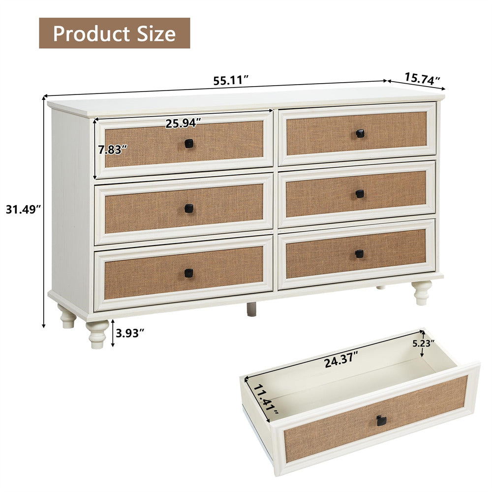 Beige White Mid Century Modern 6 Drawer Dresser Wide Wood Vintage Chest of Drawers with Burlap Rattan Drawers