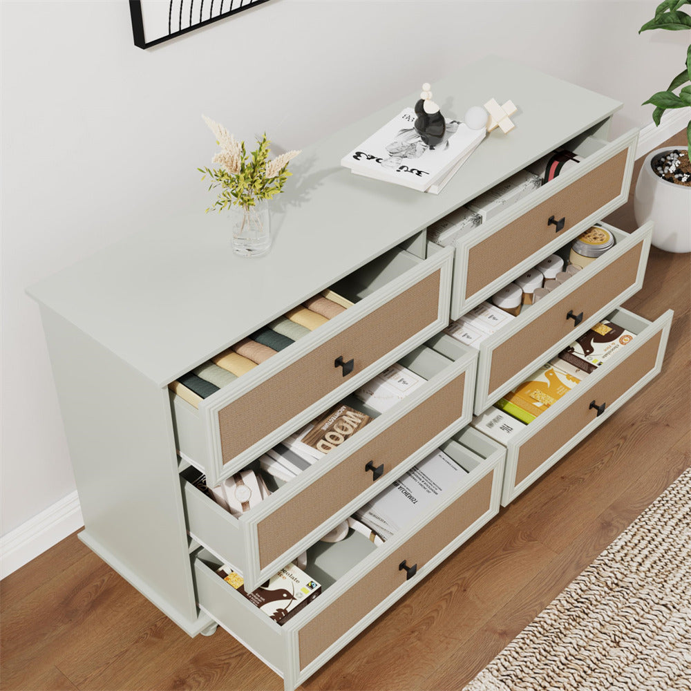 Beige White Mid Century Modern 6 Drawer Dresser Wide Wood Vintage Chest of Drawers with Burlap Rattan Drawers