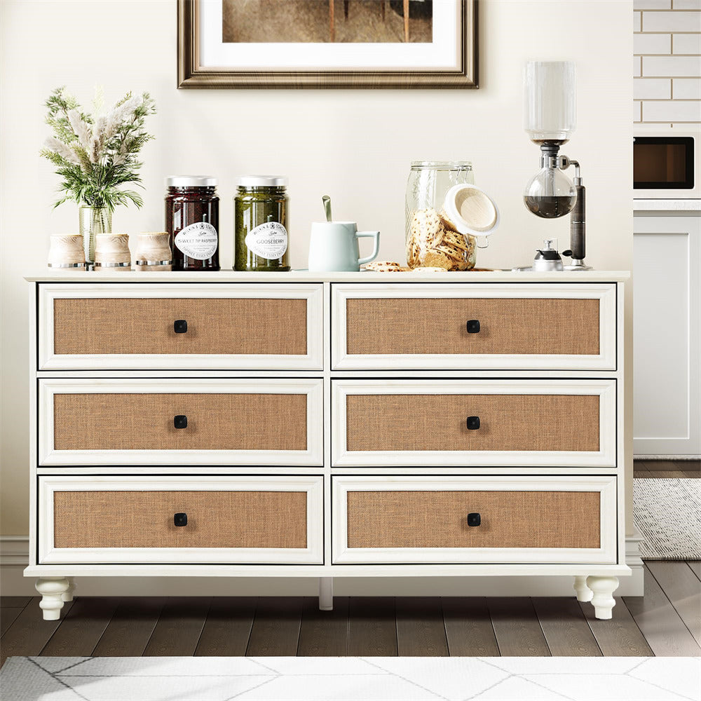 Beige White Mid Century Modern 6 Drawer Dresser Wide Wood Vintage Chest of Drawers with Burlap Rattan Drawers