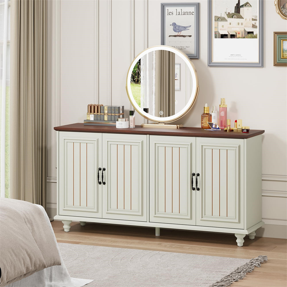 Beige White Modern Sideboard Storage Cabinet Console Table with 4 Doors and Adjustable Shelves