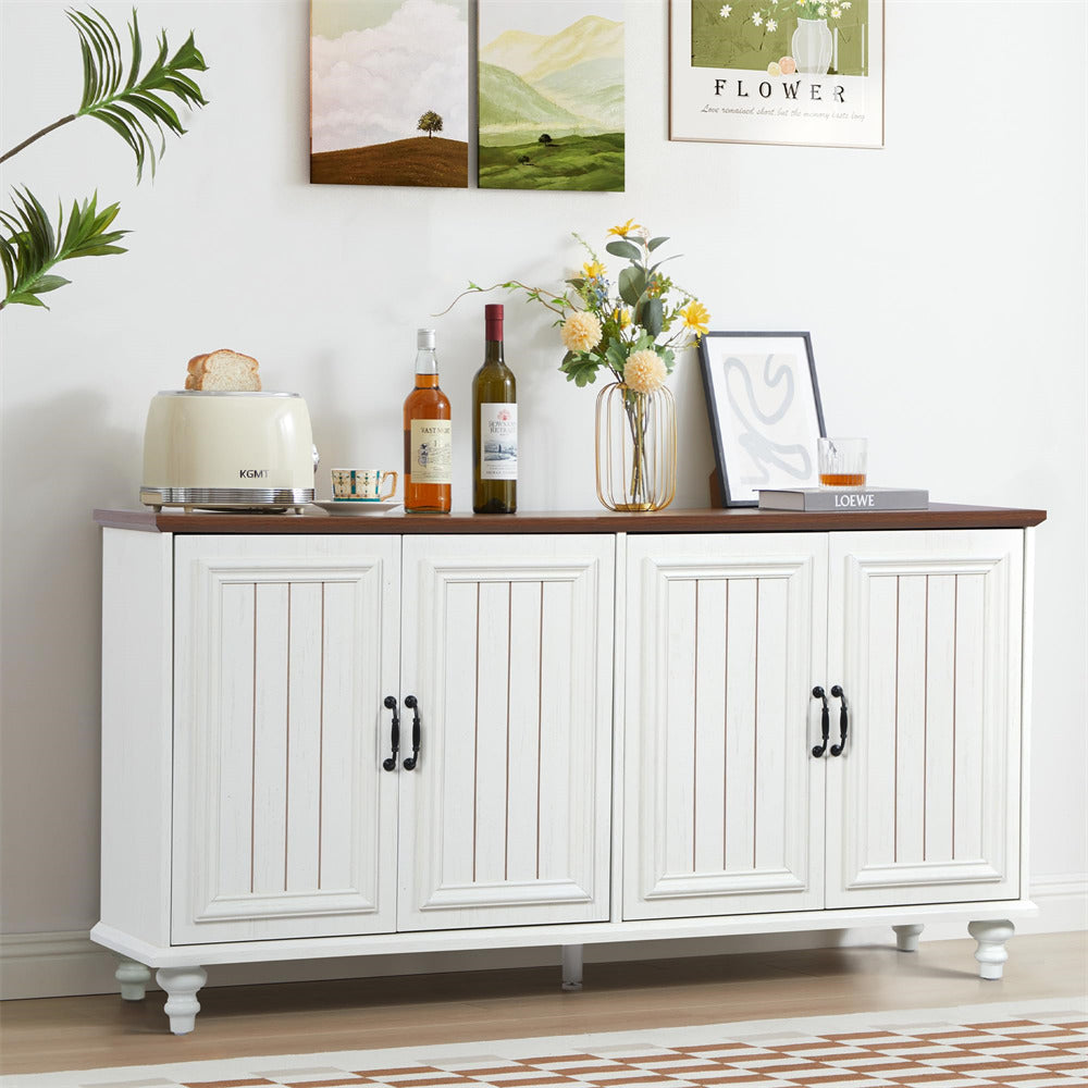 Beige White Modern Sideboard Storage Cabinet Console Table with 4 Doors and Adjustable Shelves