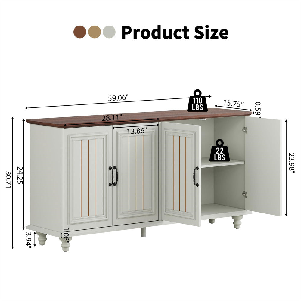 Beige White Modern Sideboard Storage Cabinet Console Table with 4 Doors and Adjustable Shelves