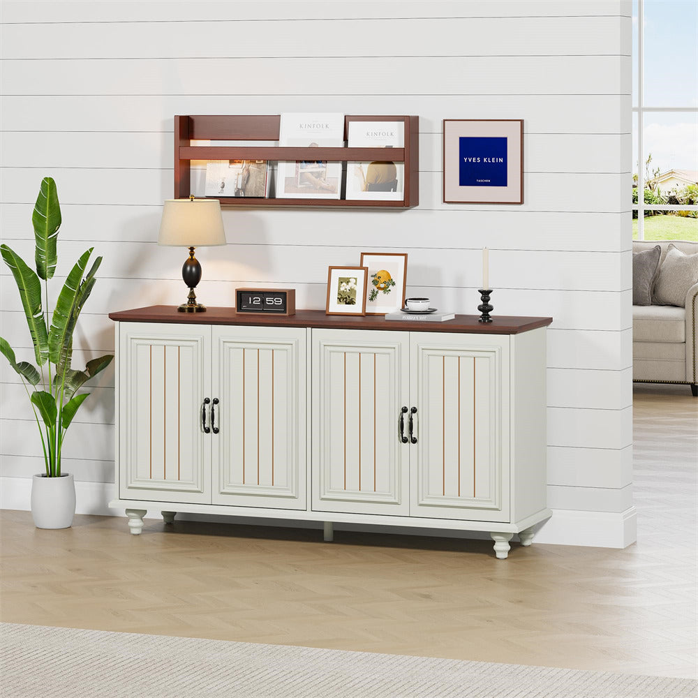 Beige White Modern Sideboard Storage Cabinet Console Table with 4 Doors and Adjustable Shelves