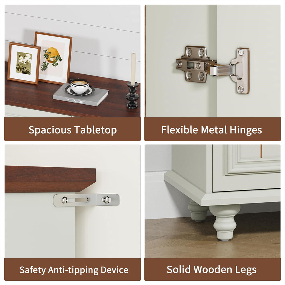 Beige White Modern Sideboard Storage Cabinet Console Table with 4 Doors and Adjustable Shelves