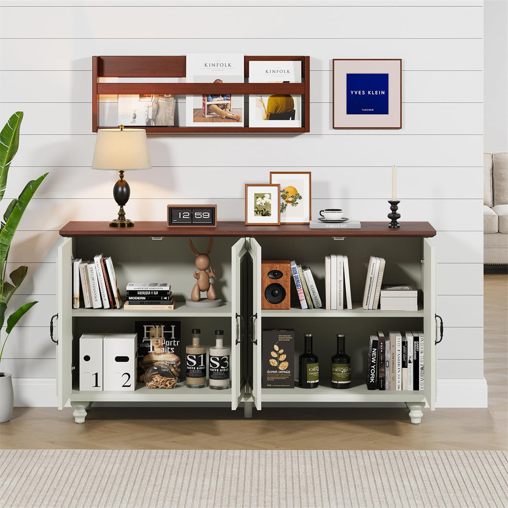 Beige White Modern Sideboard Storage Cabinet Console Table with 4 Doors and Adjustable Shelves