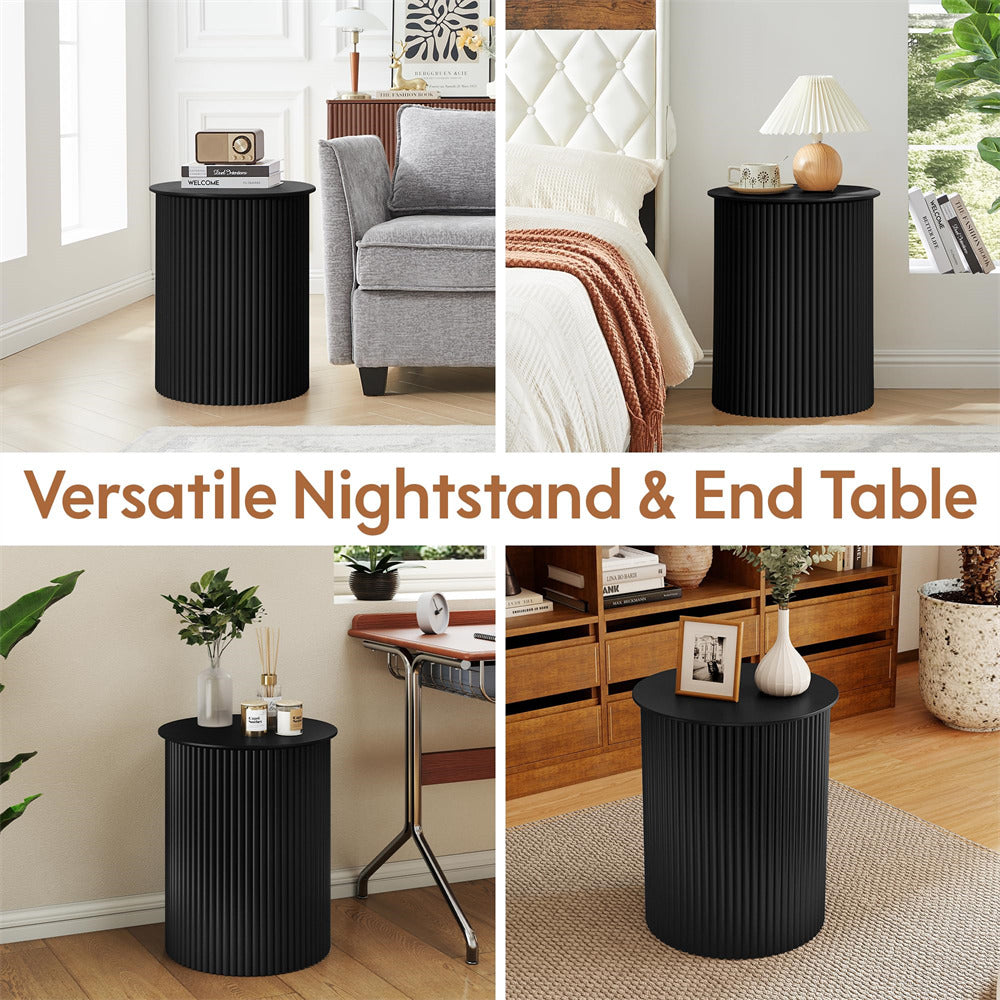 Black nightstand and end table in various room settings with text 'Versatile Nightstand & End Table'.