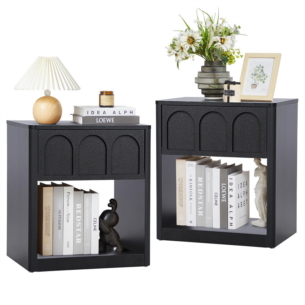 Black 19.69" Modern Nightstand Set of 2 Bedside Table with Arched Finish and Curved Profile