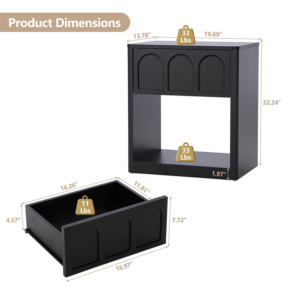 Black 19.69" Modern Nightstand Set of 2 Bedside Table with Arched Finish and Curved Profile
