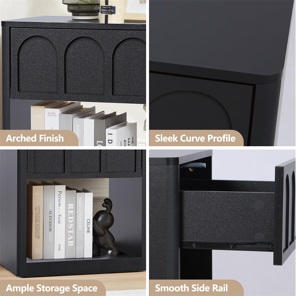 Black 19.69" Modern Nightstand Set of 2 Bedside Table with Arched Finish and Curved Profile
