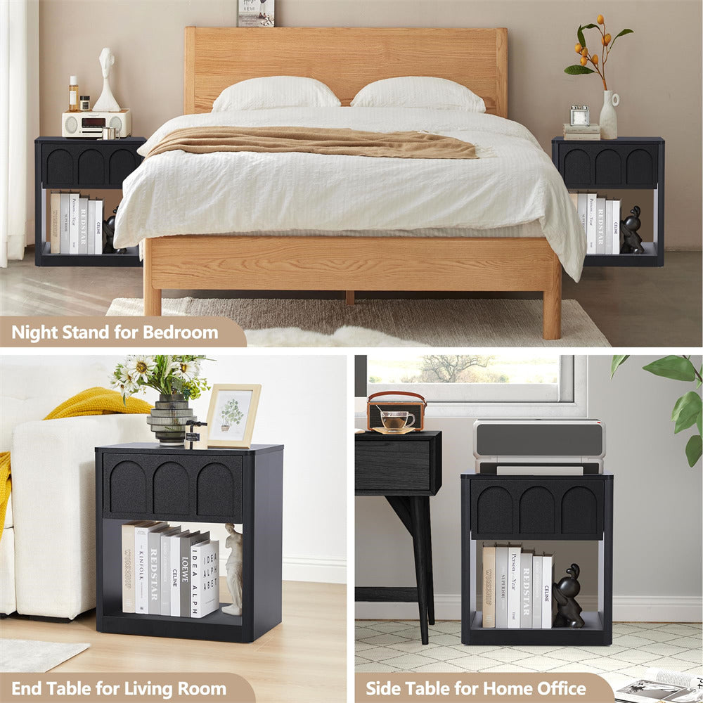 Black 19.69" Modern Nightstand Set of 2 Bedside Table with Arched Finish and Curved Profile