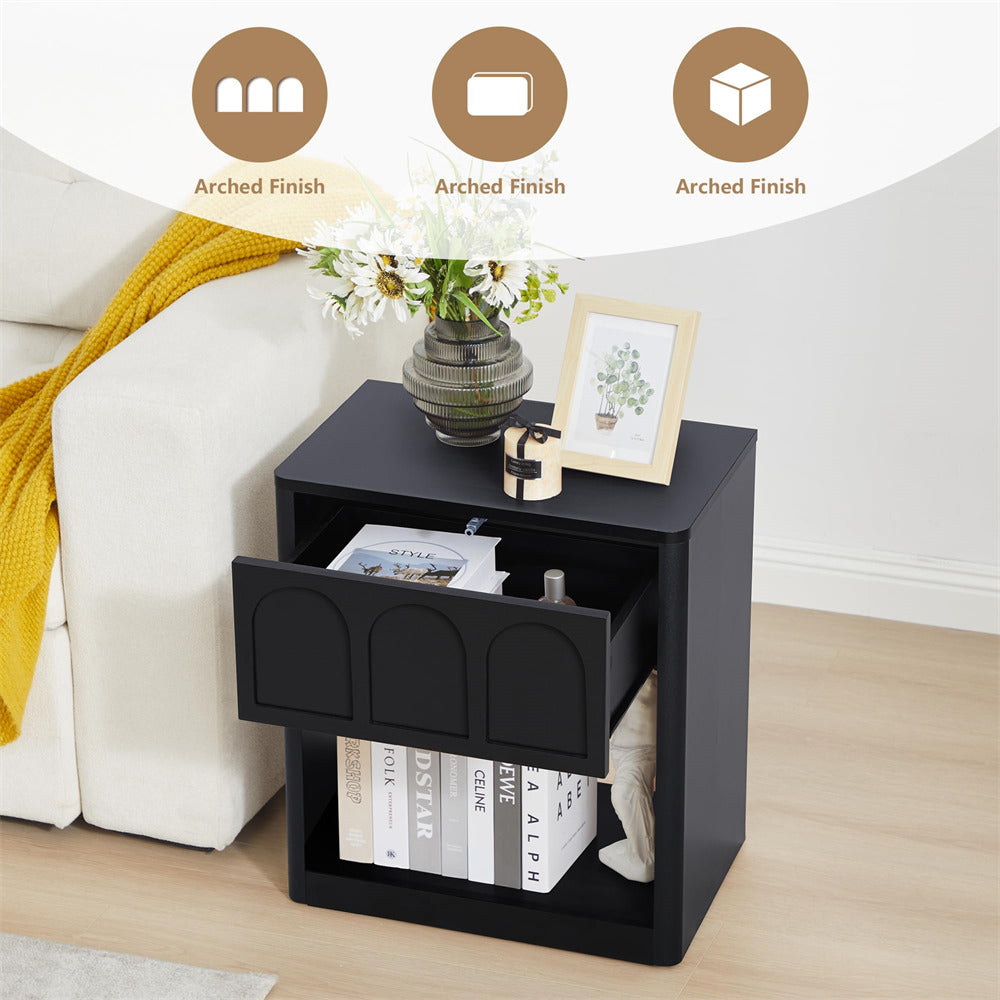 Black 19.69" Modern Nightstand Set of 2 Bedside Table with Arched Finish and Curved Profile
