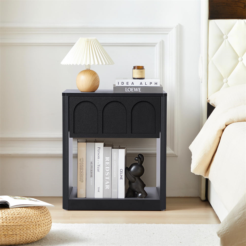 Black 19.69" Modern Wood Nightstand Bedside Table With Arched Finish and Curved Profile