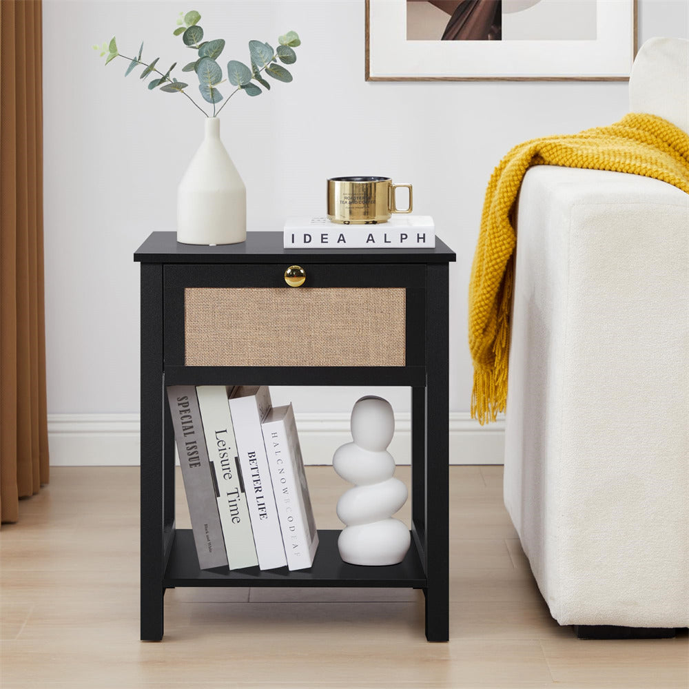 Black 21.65" H Modern Wood Nightstand End Table with Flax Finish and Drawer