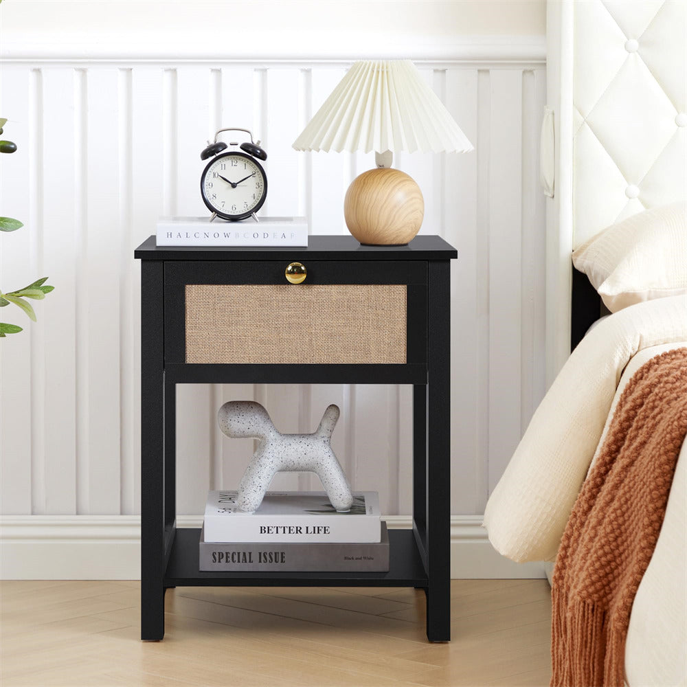 Black 21.65" H Modern Wood Nightstand End Table with Flax Finish and Drawer