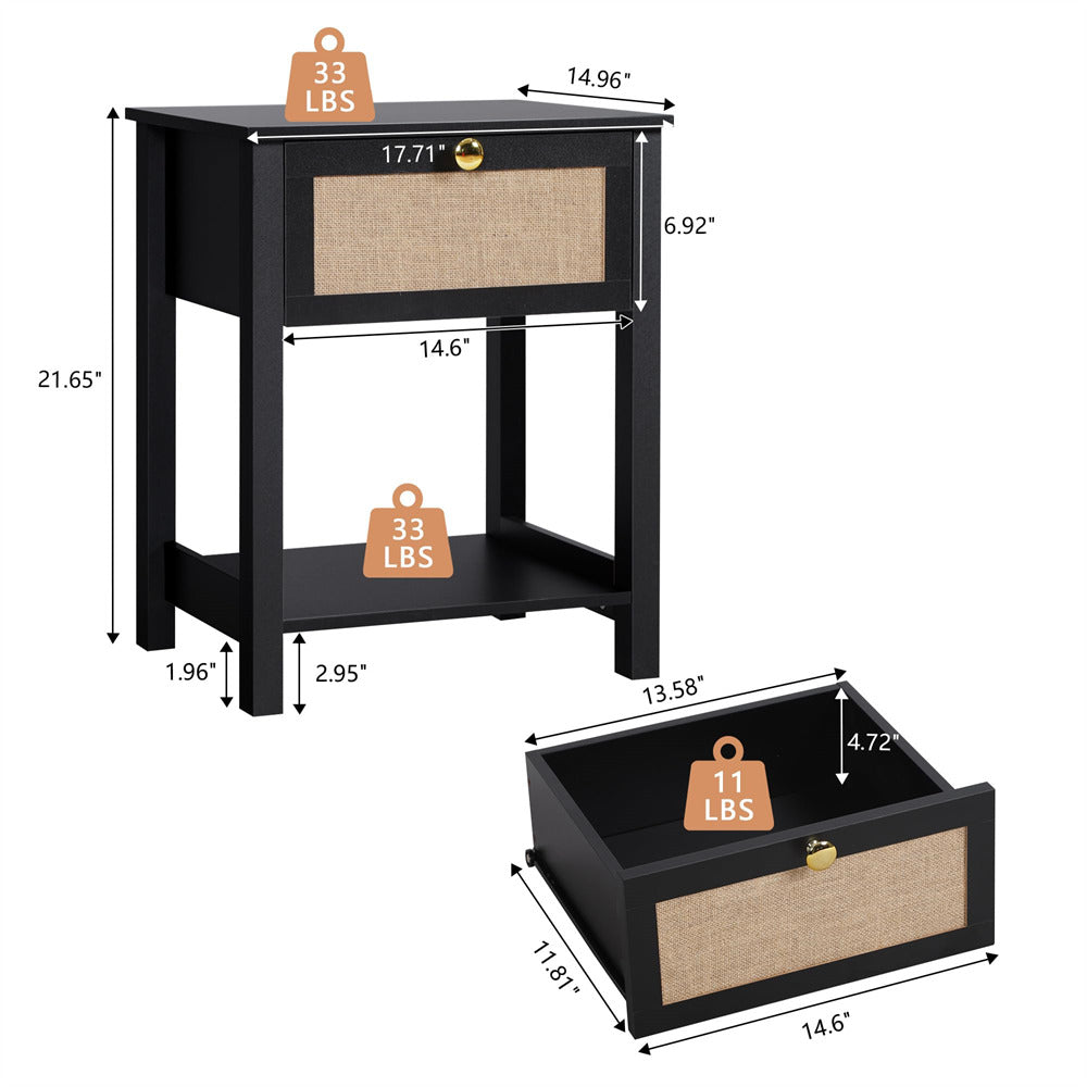 Black 21.65" H Modern Wood Nightstand End Table with Flax Finish and Drawer
