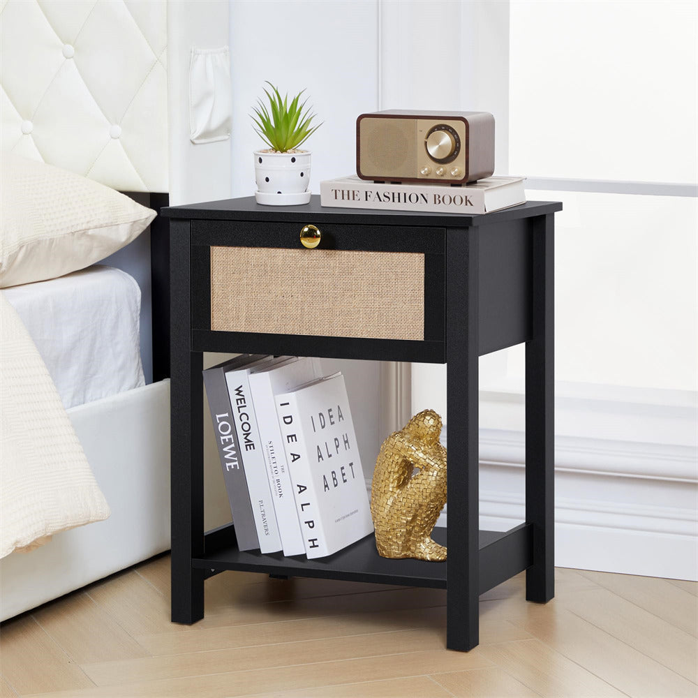 Black 21.65" H Modern Wood Nightstand End Table with Flax Finish and Drawer