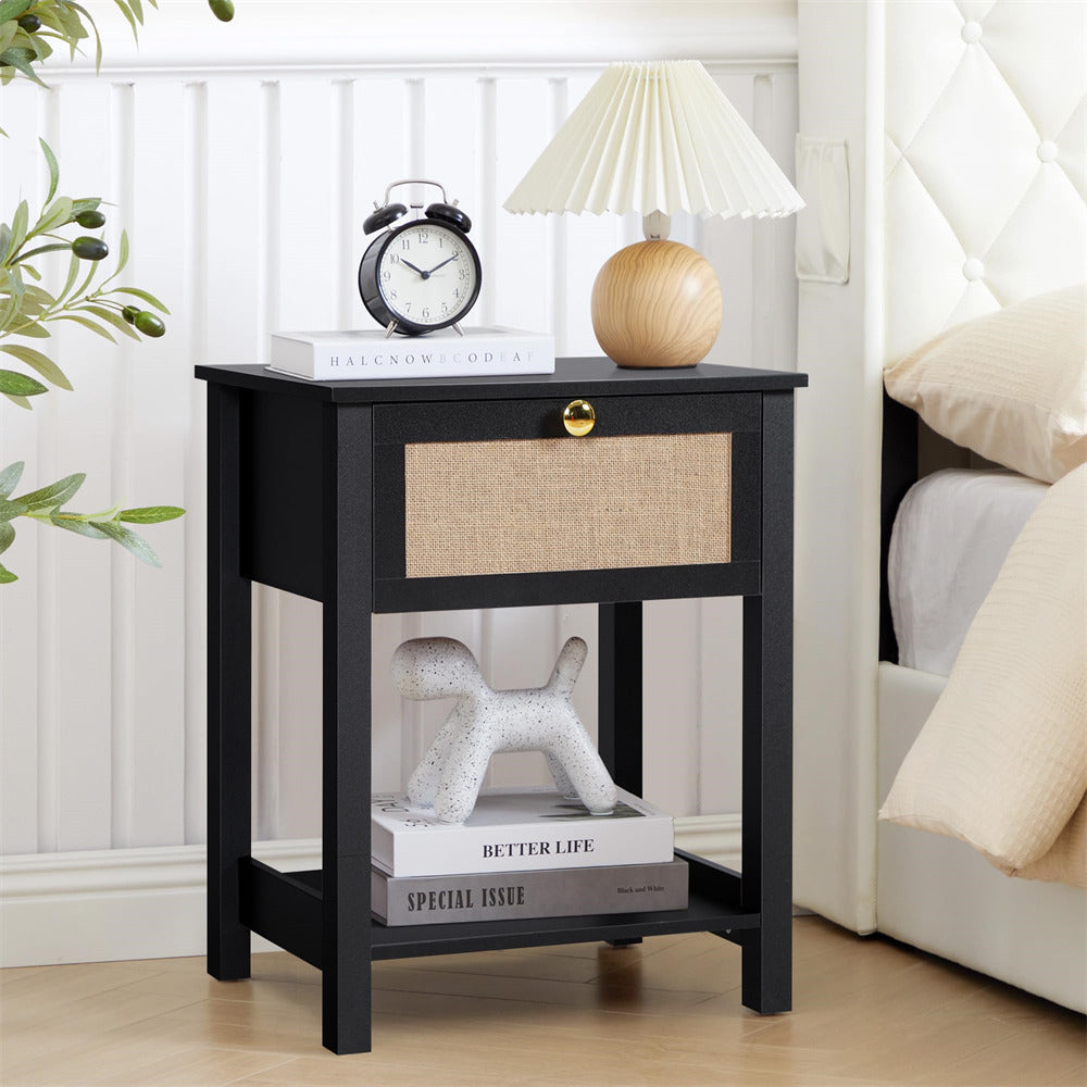 Black 21.65" H Modern Wood Nightstand End Table with Flax Finish and Drawer
