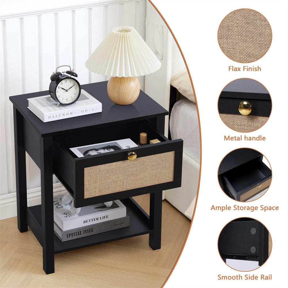 Black 21.65" H Modern Wood Nightstand End Table with Flax Finish and Drawer