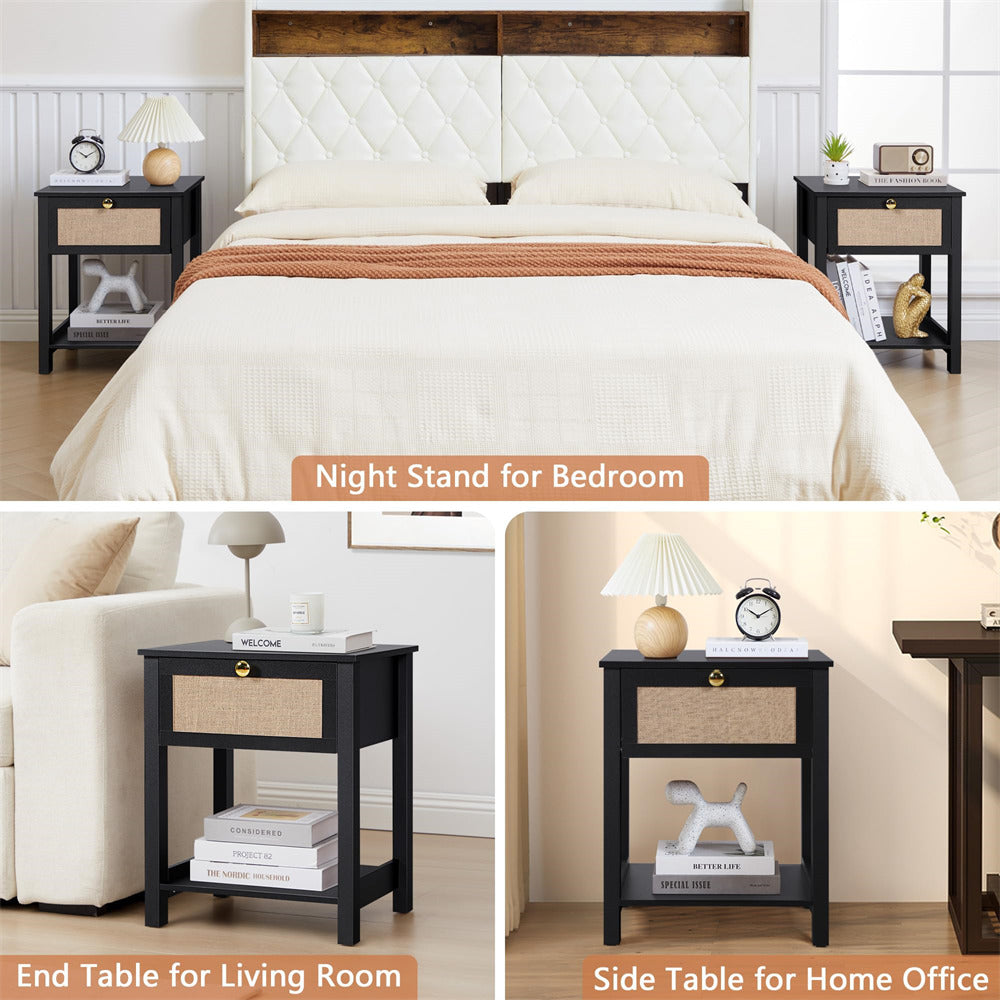 Black 21.65" H Modern Wood Nightstand End Table with Flax Finish and Drawer