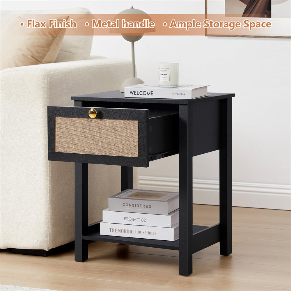 Black 21.65" H Modern Wood Nightstand End Table with Flax Finish and Drawer