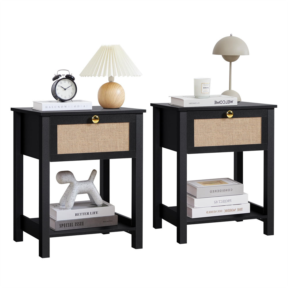 Black 21.65" H Modern Wood Nightstand Set of 2 with Flax Finish and Drawer