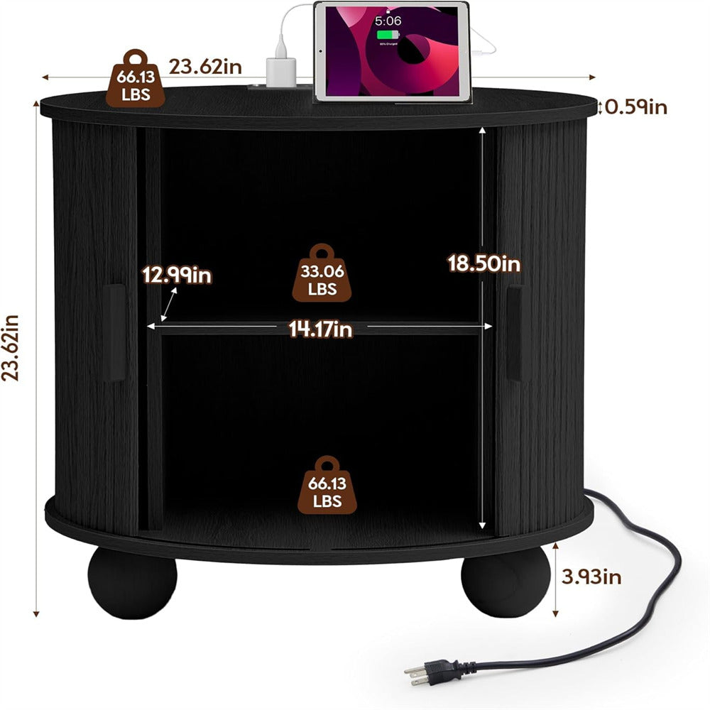 Black side table with dimensions and weight indicators on a white background