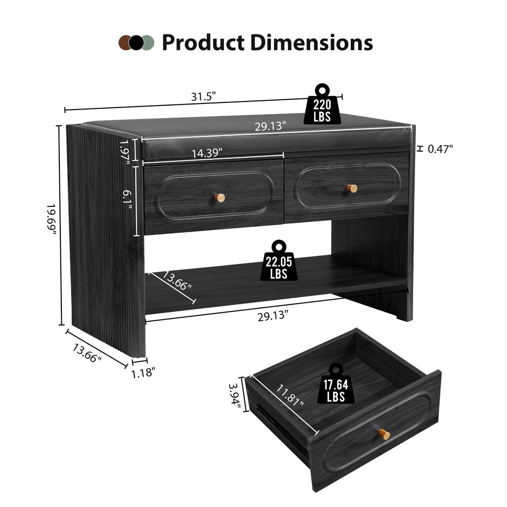 Dimensions and weight information of a black wooden desk with drawers.