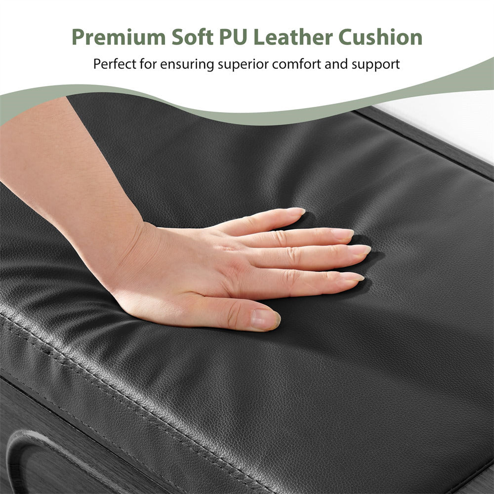 Hand touching a premium soft PU leather cushion with text about comfort and support.