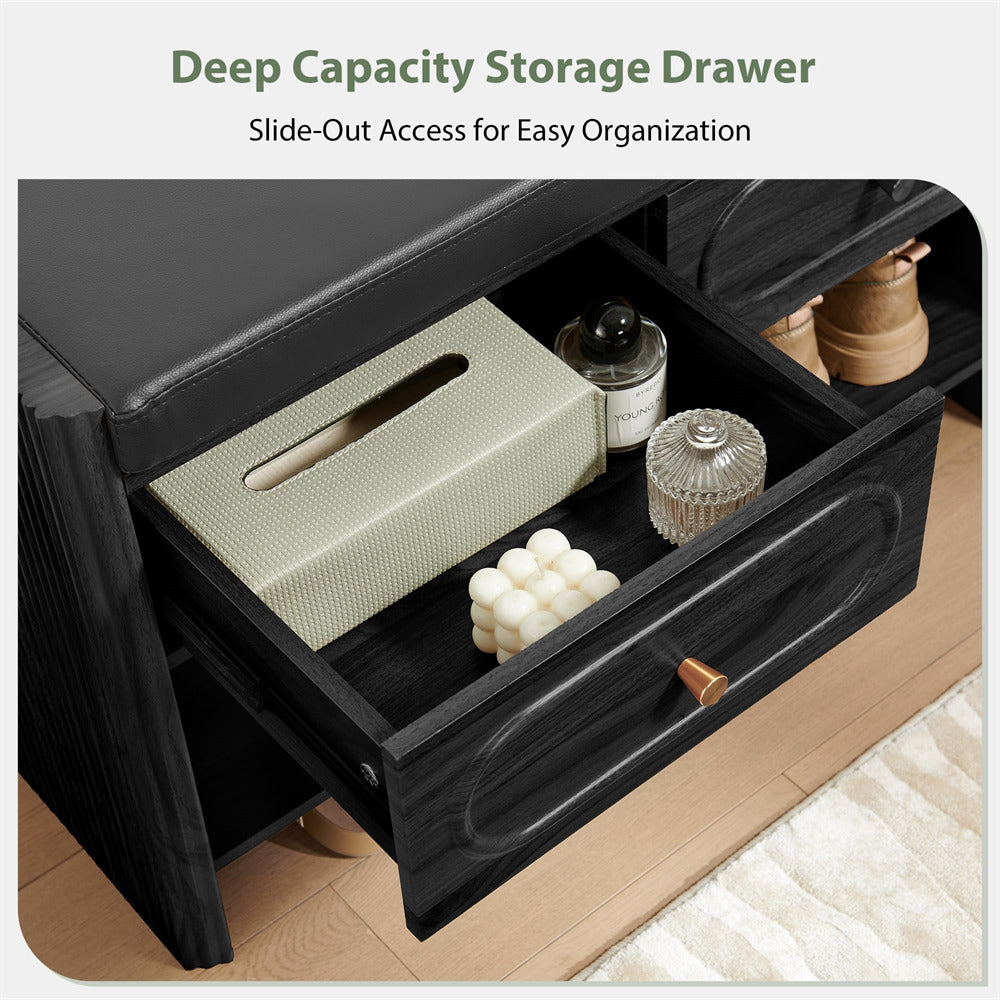 Black storage drawer with slide-out access, containing various items on a wooden floor.