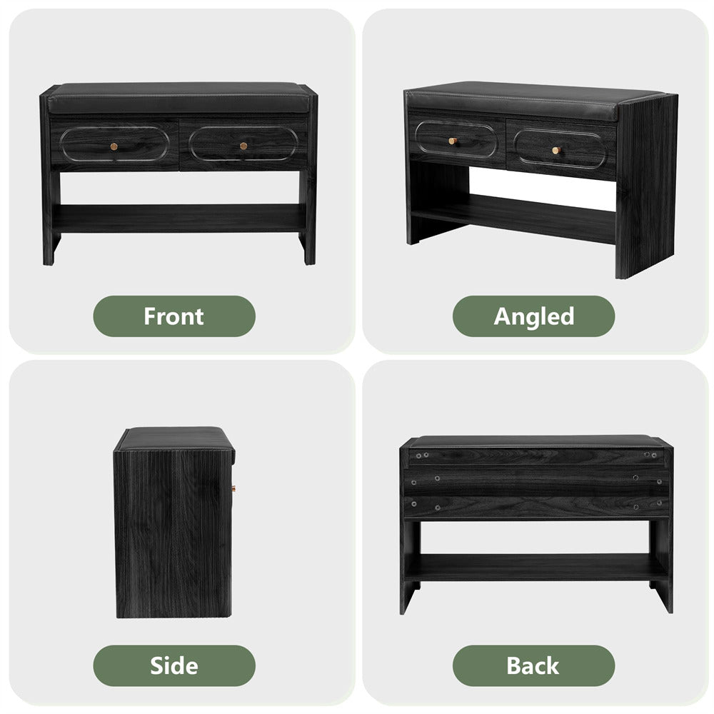 Black wooden bench shown from front, angled, side, and back views on a white background.