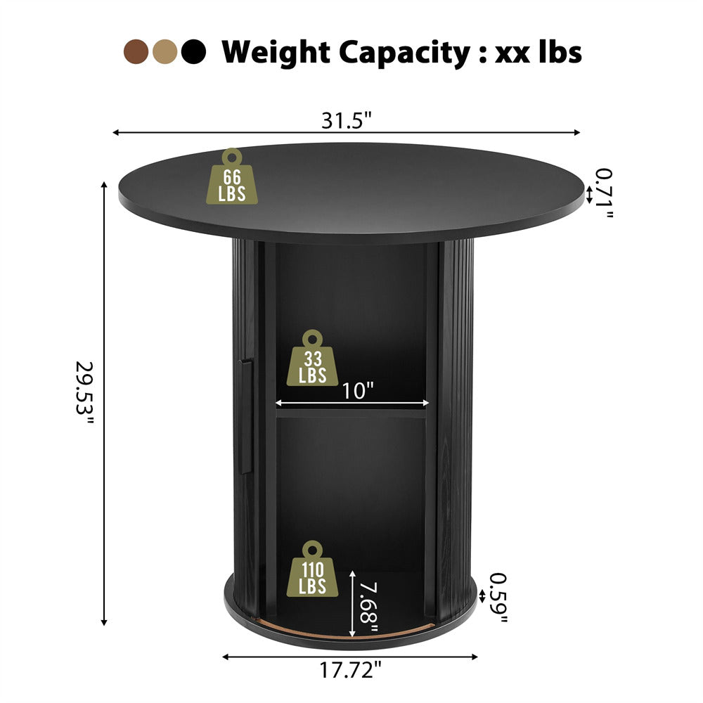 Black round table with weight capacity and dimensions displayed