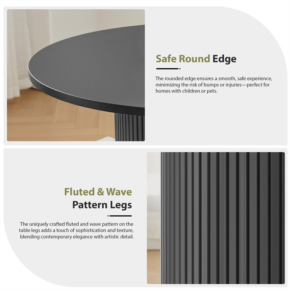 Gray round table with fluted and wave pattern legs, featuring text on safety and design details.