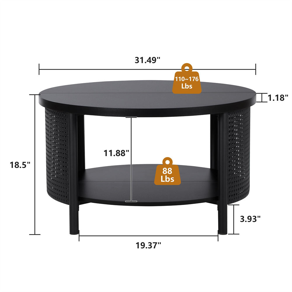 Black round coffee table with measurements and weight indicators on a white background