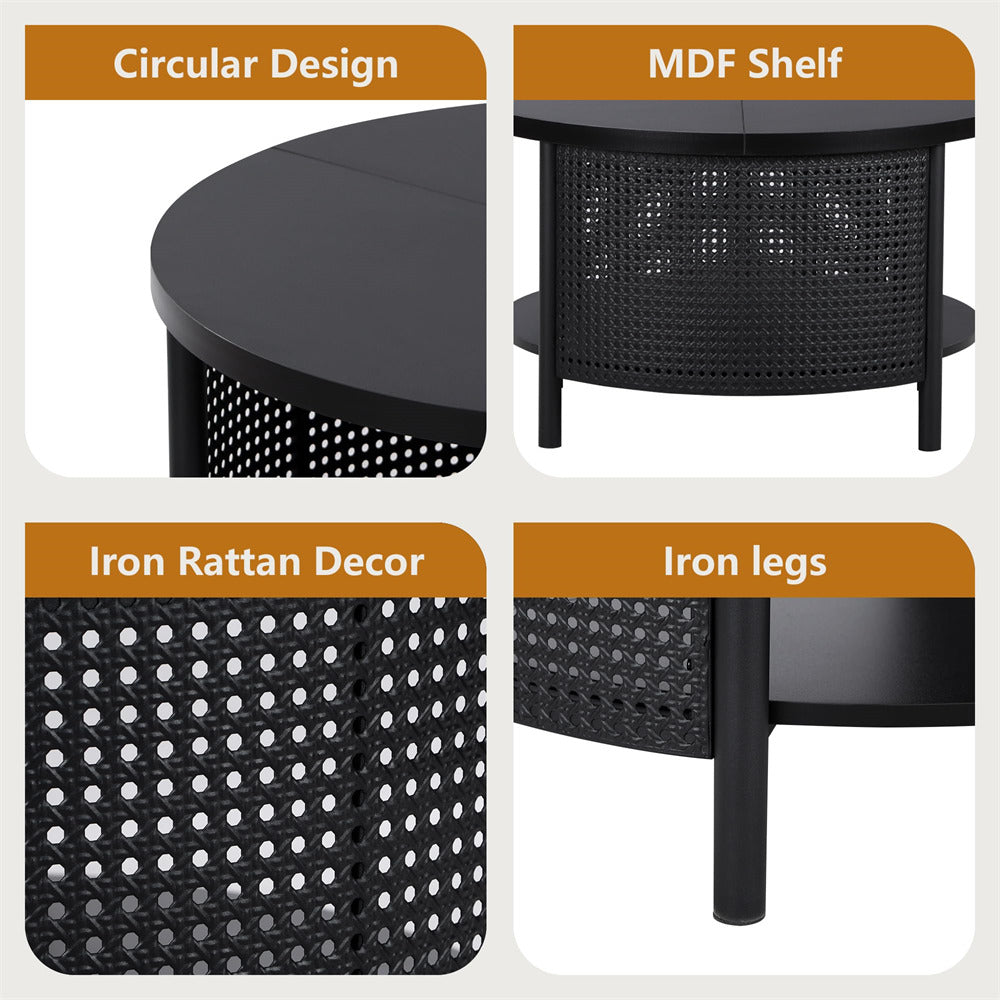 Black round table with iron rattan decor and MDF shelf, featuring circular design and iron legs.