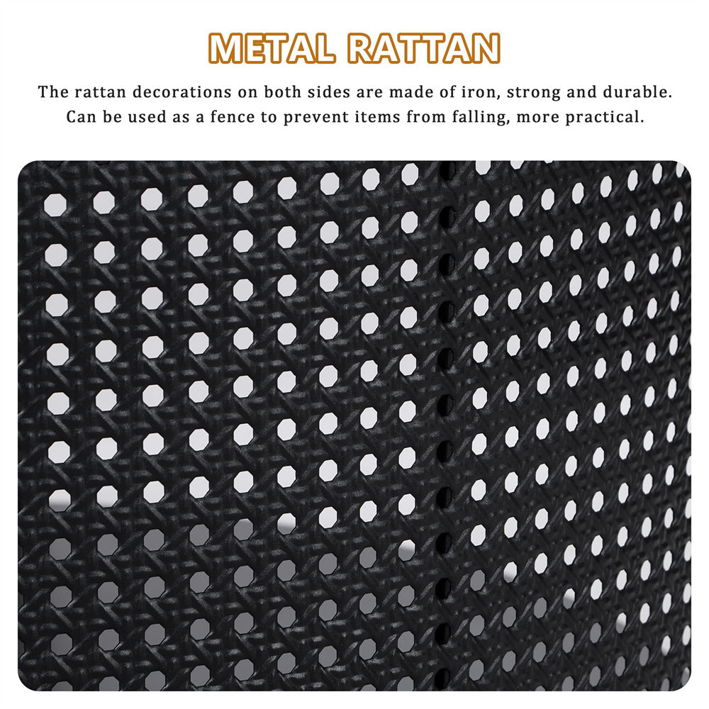 Metal rattan design with text describing its strength and practical use.