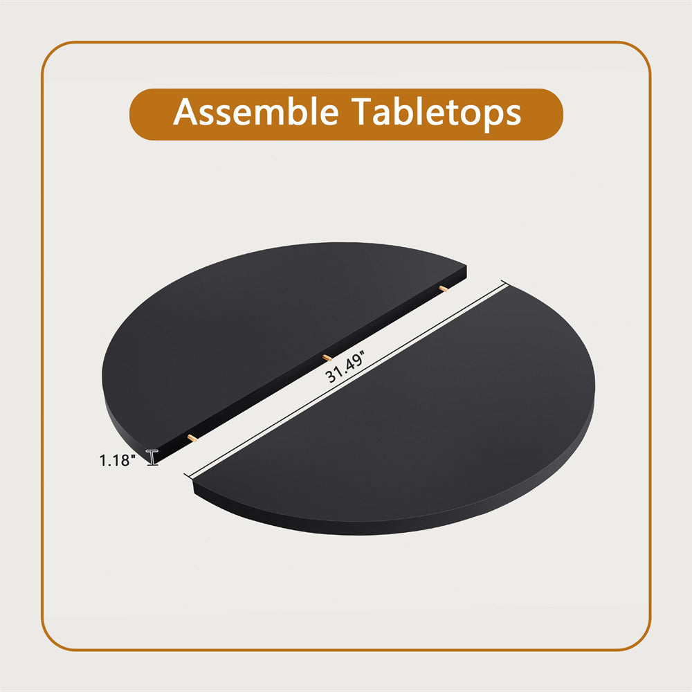 Black round tabletop with assembly instructions on a light gray background