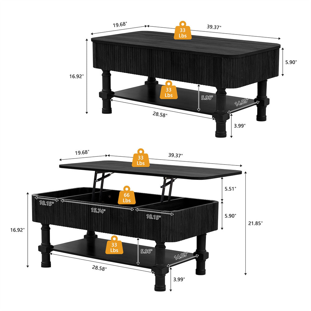 Black coffee table with dimensions and weight indicators on a white background