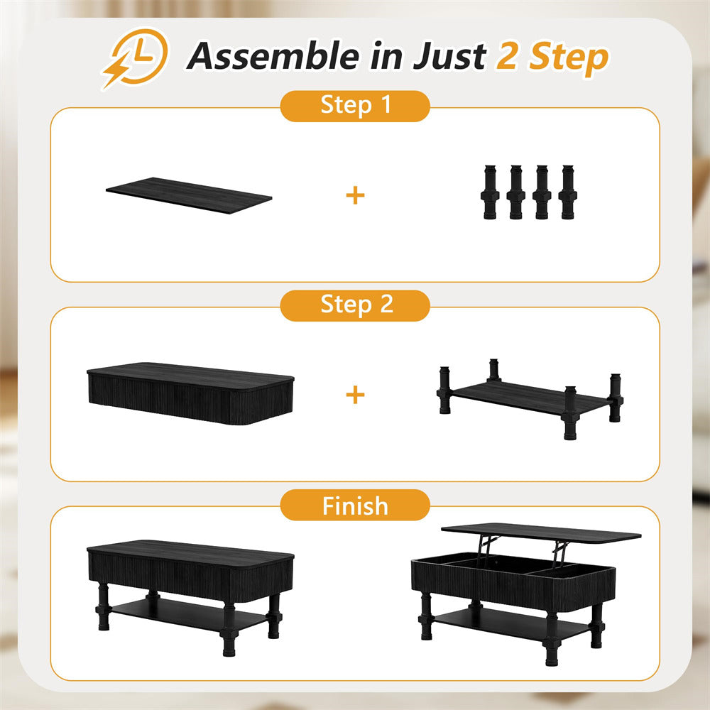 Step-by-step assembly guide for a black coffee table with components and final product shown.