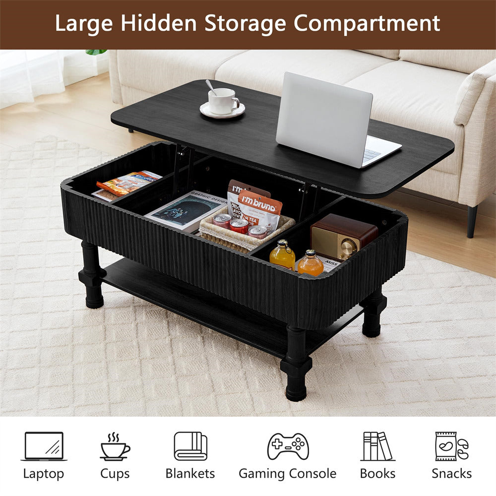 Black coffee table with hidden storage compartments in a living room setting.