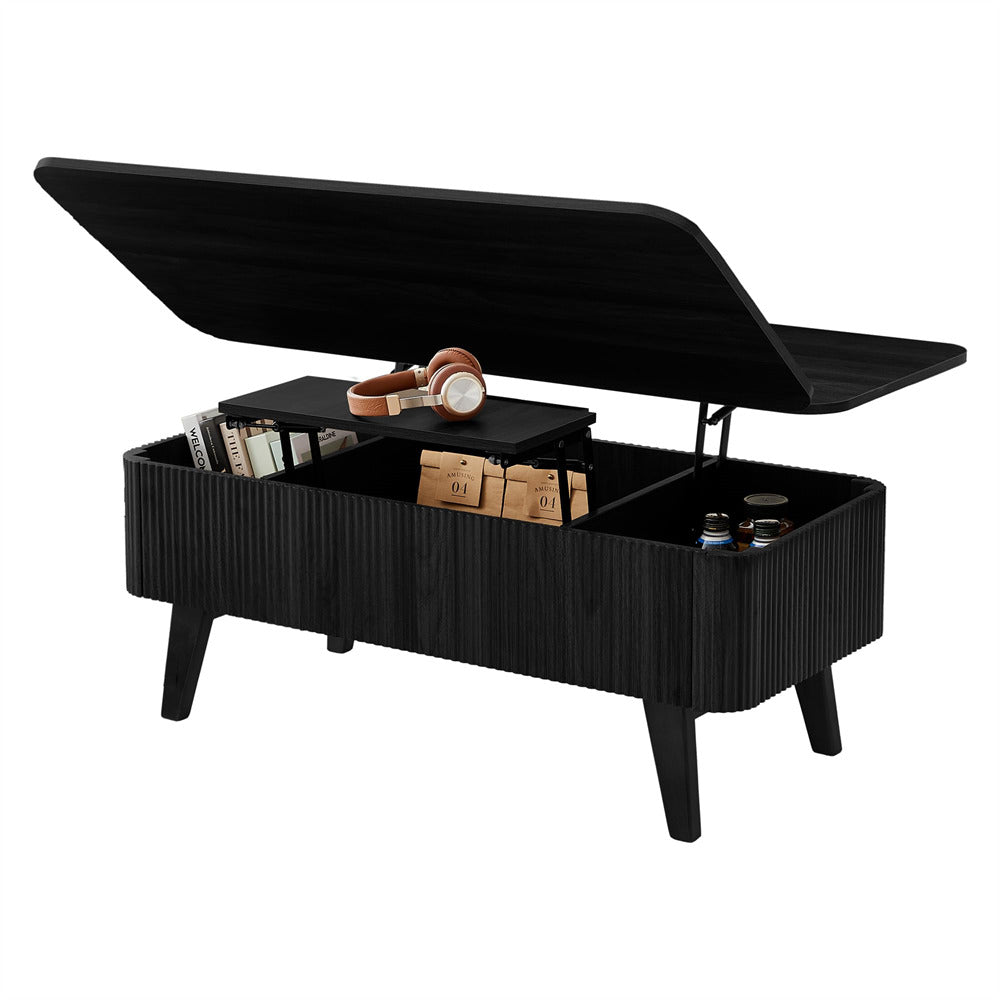 Black storage bench with open lid on a white background