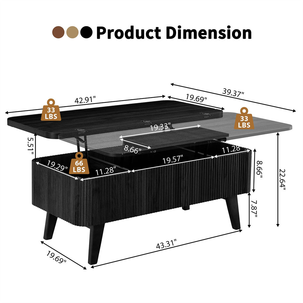 Dimensions of a black coffee table with lift-top feature